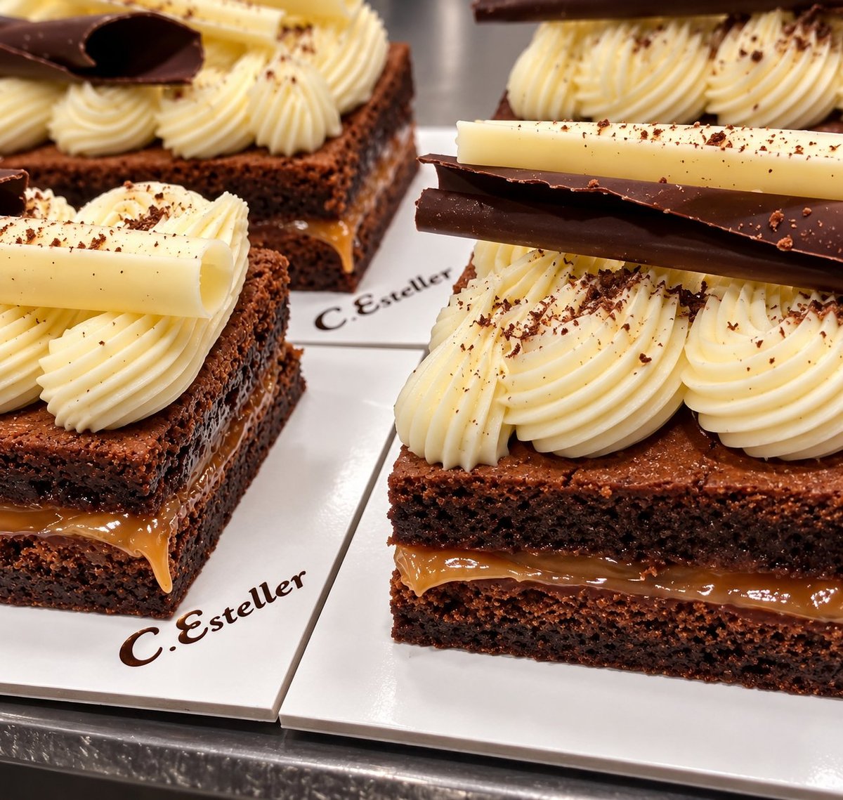 Porciones de tarta de chocolate con crema chantilly y caramelo sobre bandejas blancas con el sello C. Esteller