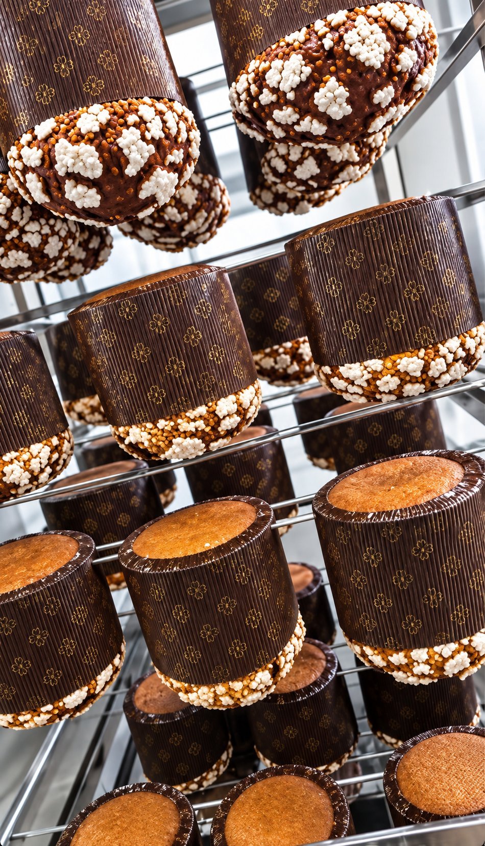 Cupcakes y pasteles de chocolate con perlas blancas en cápsulas marrones con motivos dorados, expuestos en estantería