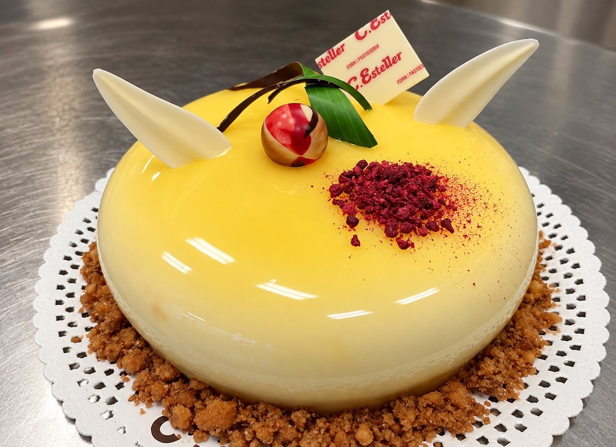 Tarta amarilla con cobertura espejo, crumble dorado, fresa caramelizada, hojas verdes y etiqueta de Forn Pastisseria C. Esteller sobre base de papel