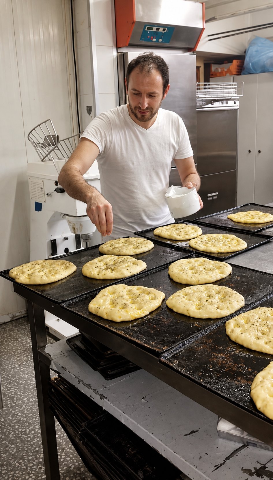 Hombre con camiseta blanca preparando cocas planas sobre planchas de horno en la cocina del obrador
