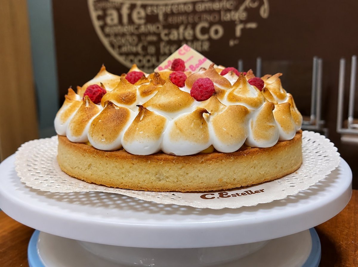 Tarta artesana de C. Esteller con merengue dorado y frambuesas sobre pedestal blanco