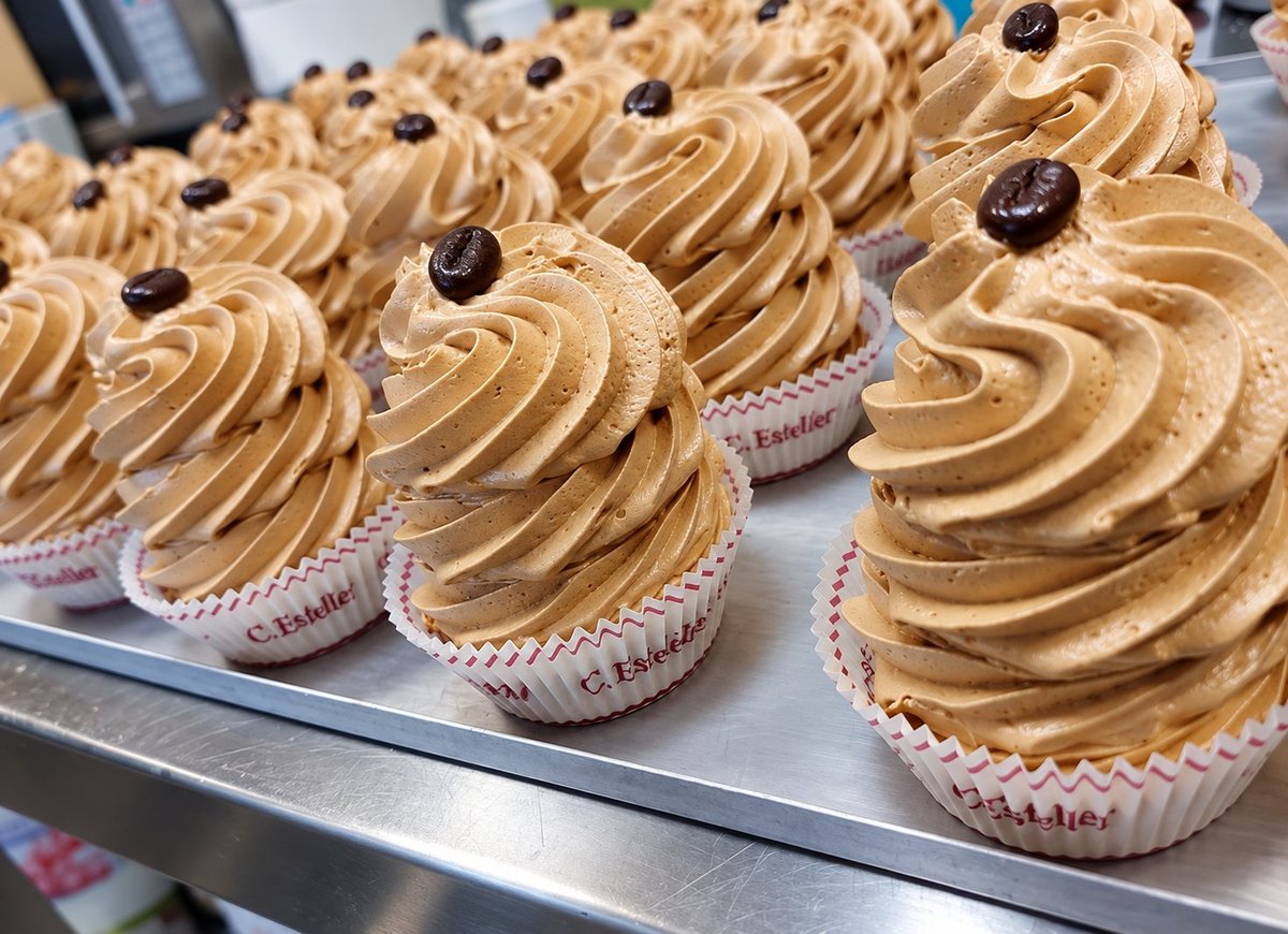 Filas de cupcakes de C. Esteller con frosting de crema de cacahuete, un grano de café coronando cada uno y cápsulas con el sello de la pastelería