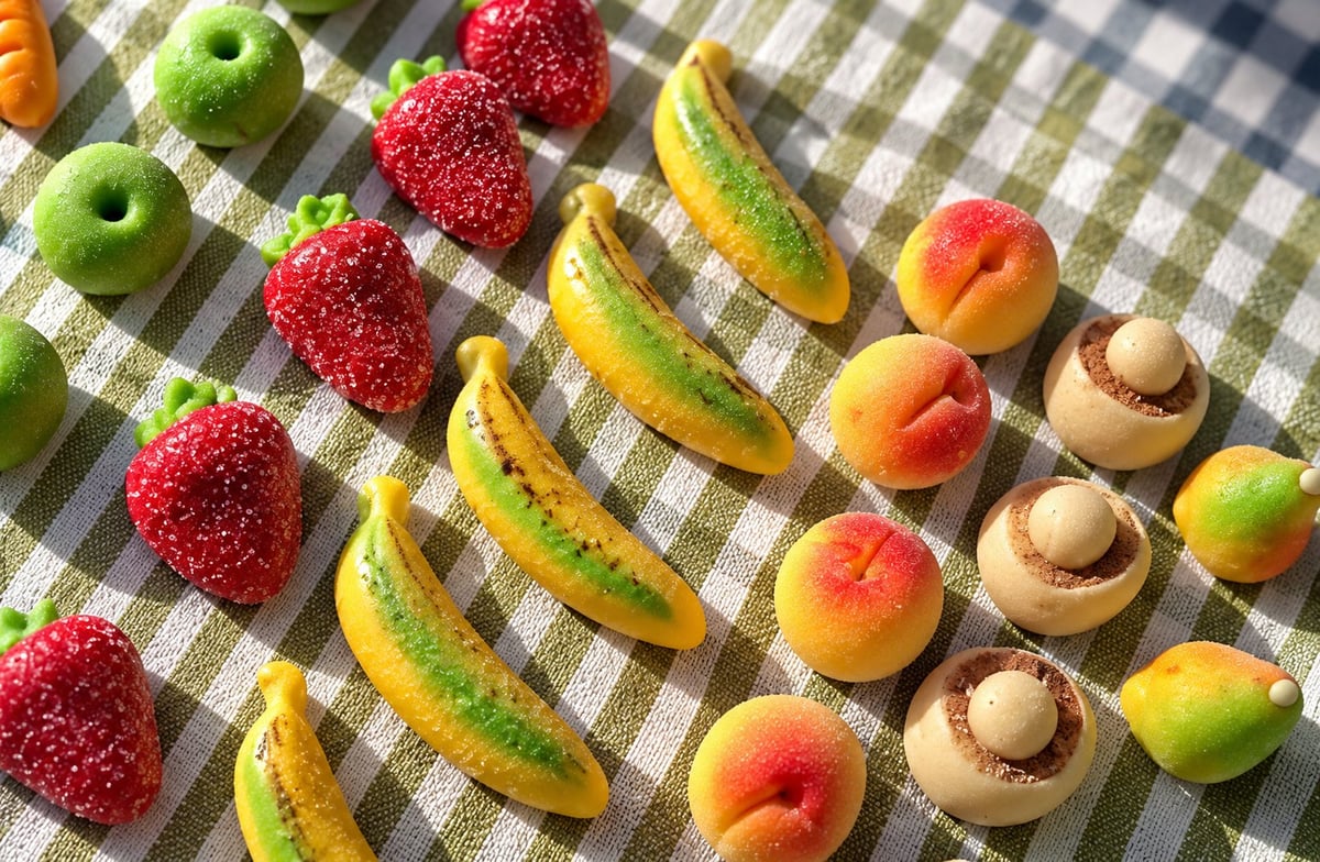 Surtido de frutas de mazapán: manzanas verdes, fresas, plátanos, melocotones y setas sobre un mantel de cuadros