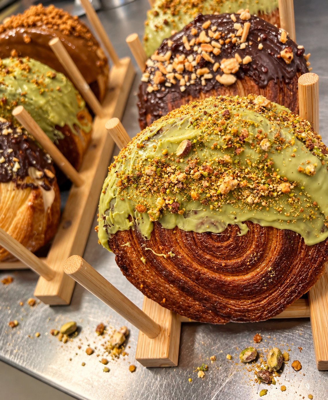 Bollería recién horneada con baño de pistacho, chocolate y frutos secos sobre soportes de madera