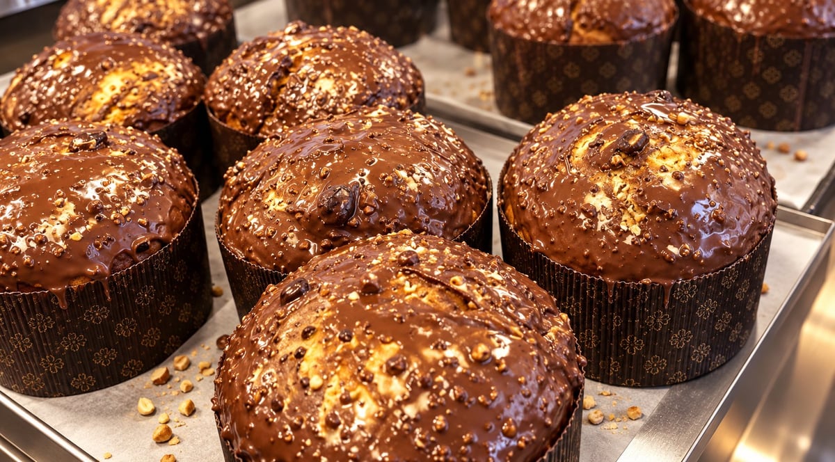 Muffins de chocolate con virutas doradas en cápsulas de papel marrón, listos para servir en bandeja